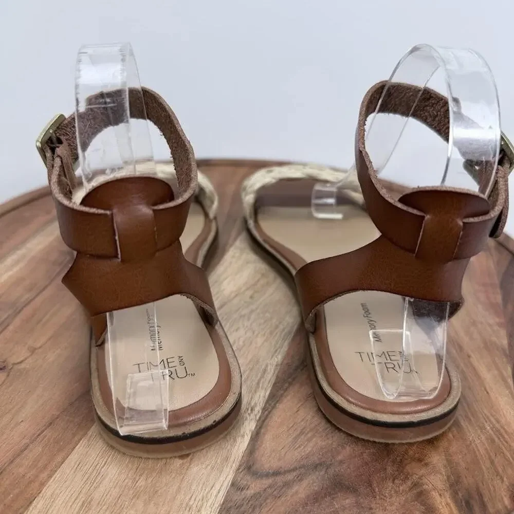 Time and Tru Sandals Womens Size 8 Brown Braided Strap Memory Foam Shoes Casual‎